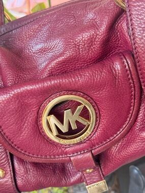 Michael Kors Deep Plum Pebbled Leather Shoulder Bag with Gold Logo Authentic